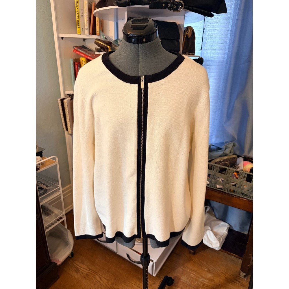 Ann Taylor Factory Cardigan XL Cream Black Zip Front Contrast Trim Old Money
